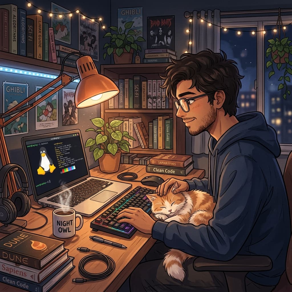 Raghavendra Bhat - anime illustration petting a cat with Linux laptop